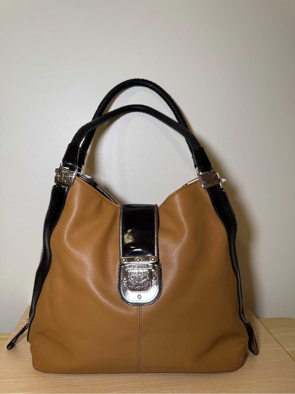 Brighton Vintage Tan Shoulder Bag with Black Trim and Silver Hardware